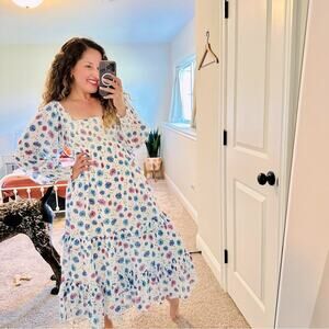 LoveShackFancy White Blue Purple Cotton Floral Smocked Maxi Dress Small